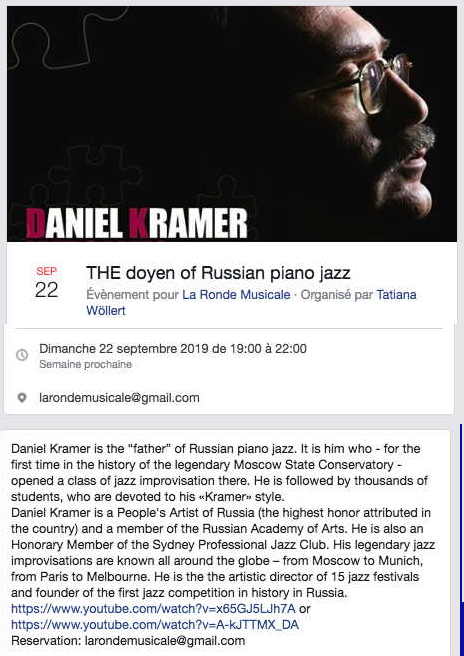 Bannière Facebook. Daniel Kramer -  the doyen of Russian piano jazz. 2019-09-22
